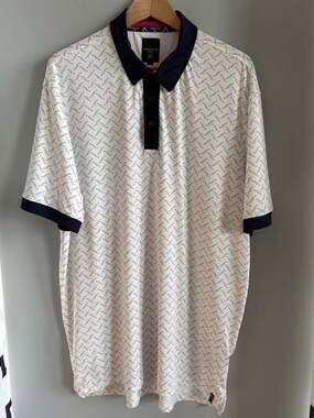 Kenneth Cole New York Golf Polo Shirt Men's XL White Black Club Herringbone Prin